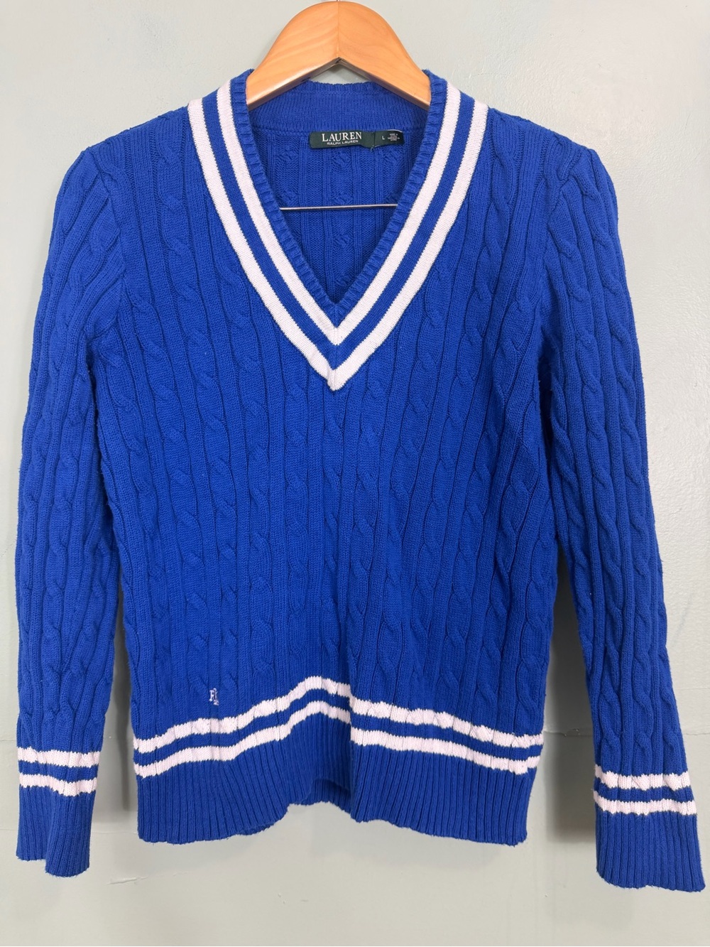 Lauren Ralph Lauren Cricket Sweater Pullover Blue White Cable Knit Women Large - Picture 1 of 8